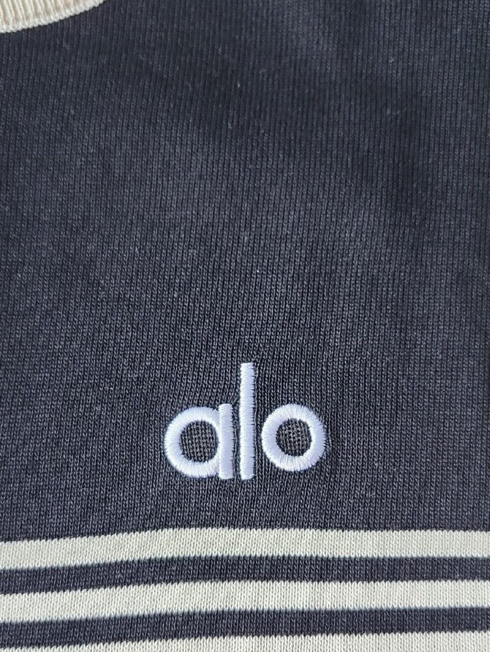 Alo Yoga Tennis Club Striped Knit Pullover Sweater Black Ivory - Picture 2 of 7